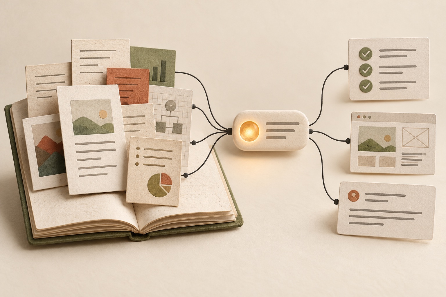 Shared company documents connect through an AI conversation to a project checklist, a design draft and a client update.