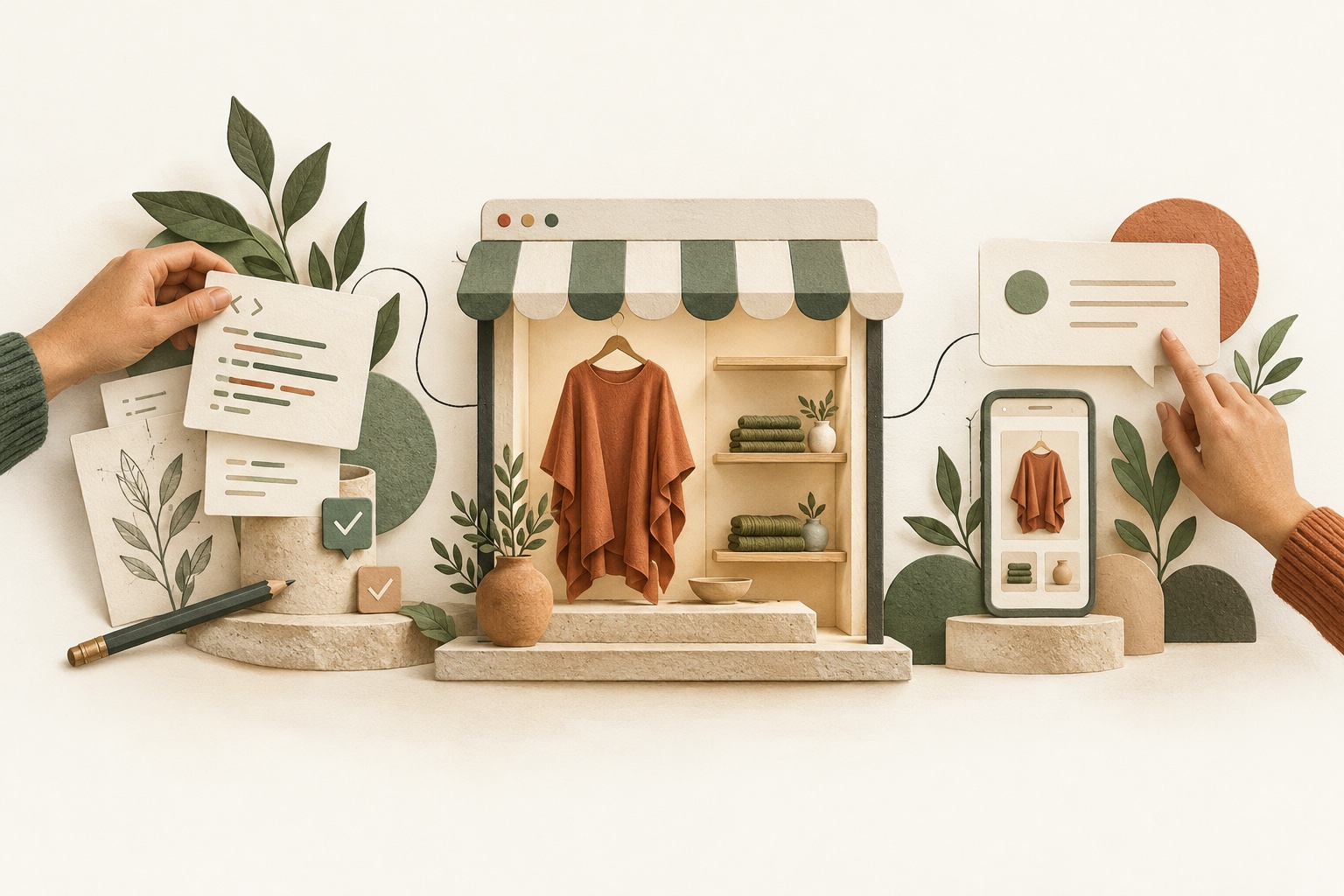 A boutique storefront connects a builder's code cards with a merchant's conversation and mobile store, illustrating the two ways AI supports Haulistic.