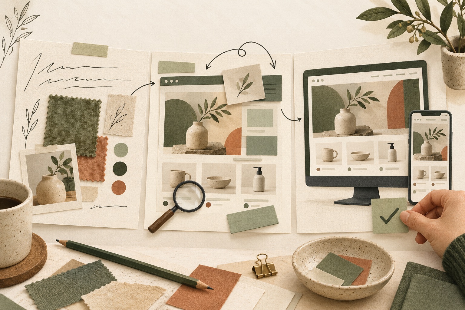 An illustrated idea progresses into a working storefront draft and then a reviewed desktop and mobile experience.