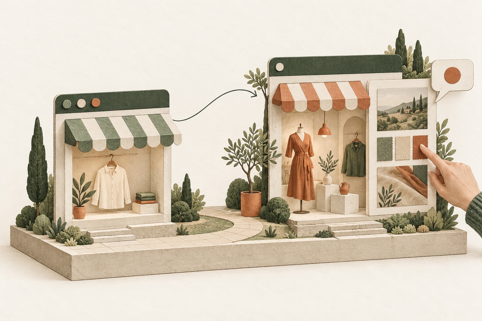 A simple boutique storefront evolves into a more individual design, with a conversation bubble representing the merchant's request.