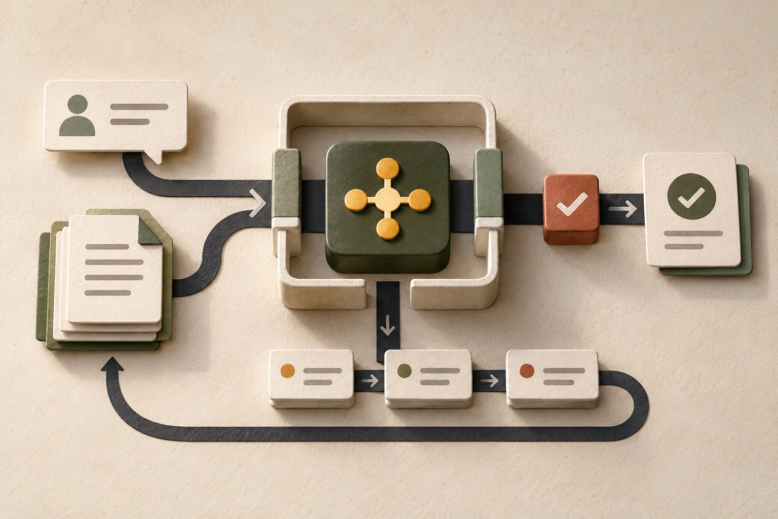 A customer request and account context feed into an AI model held within a harness, followed by a validation checkpoint, completed action and audit records.